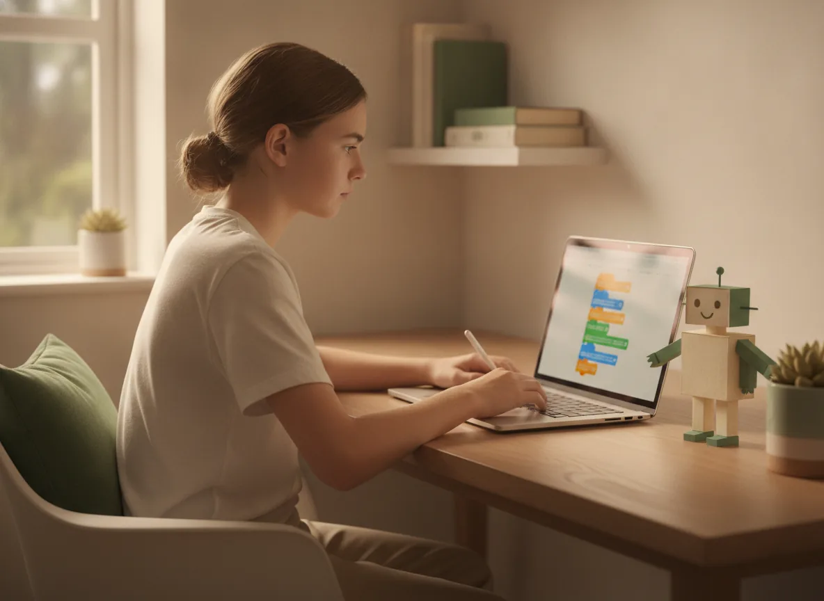 A teenager working on a coding activity at a laptop.