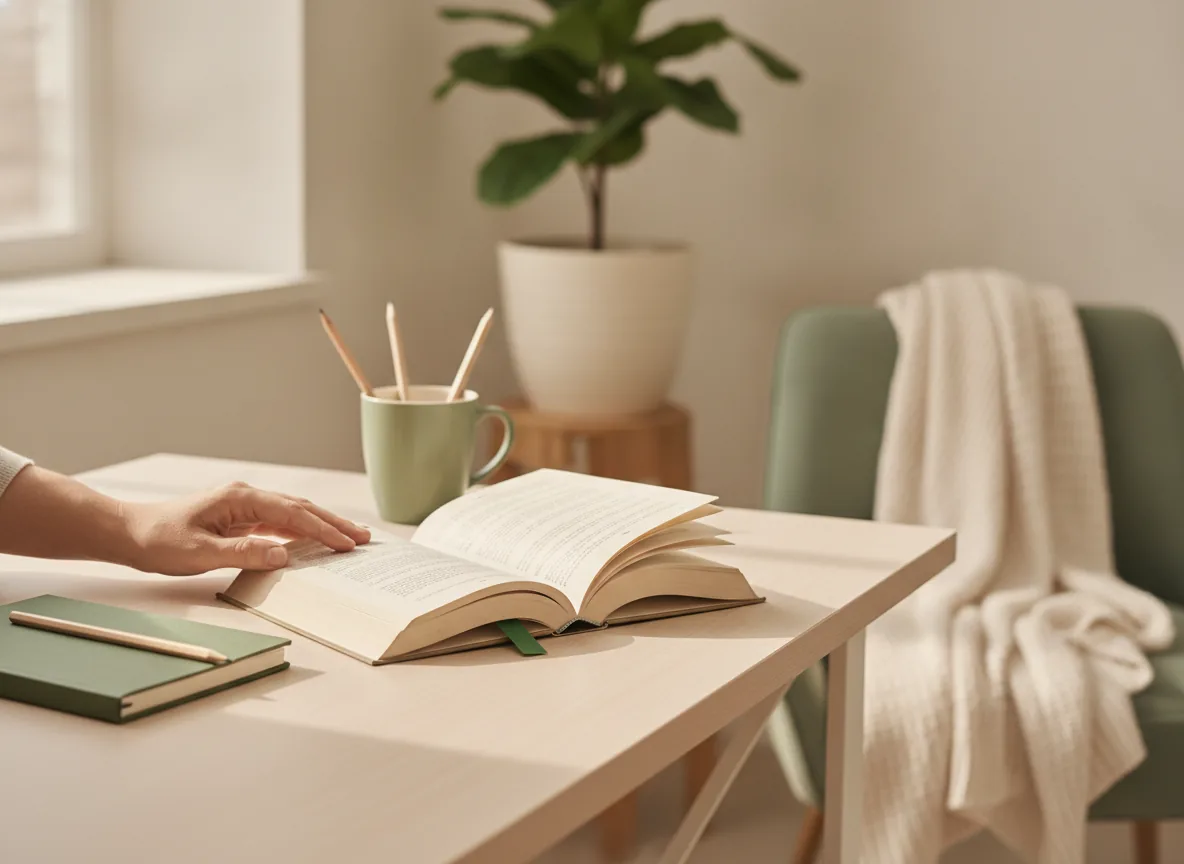 An open book and notebook ready for reading and writing practice.