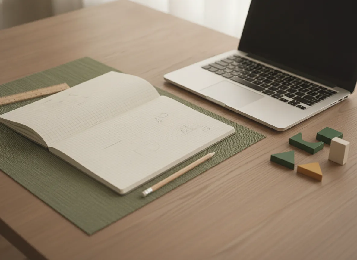 A notebook, ruler and geometric shapes on a study desk.