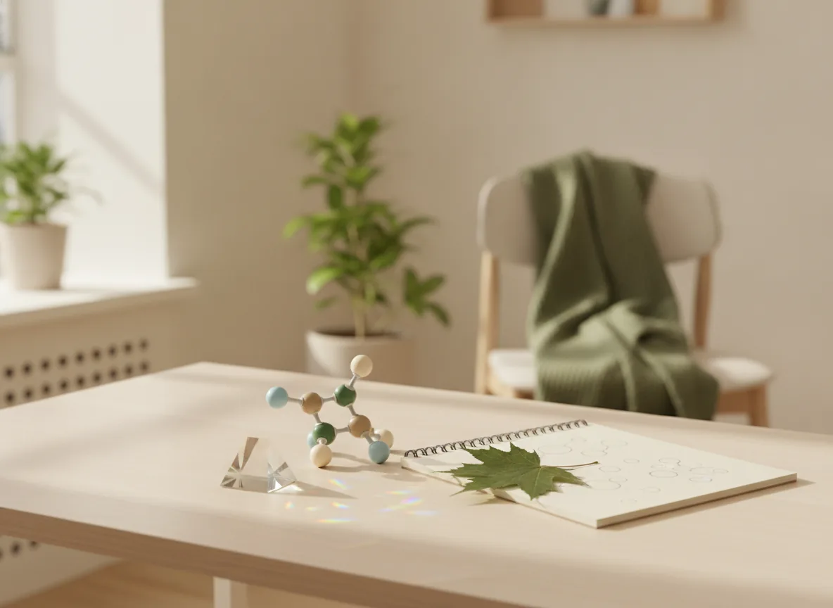 A molecular model and simple science study materials on a desk.
