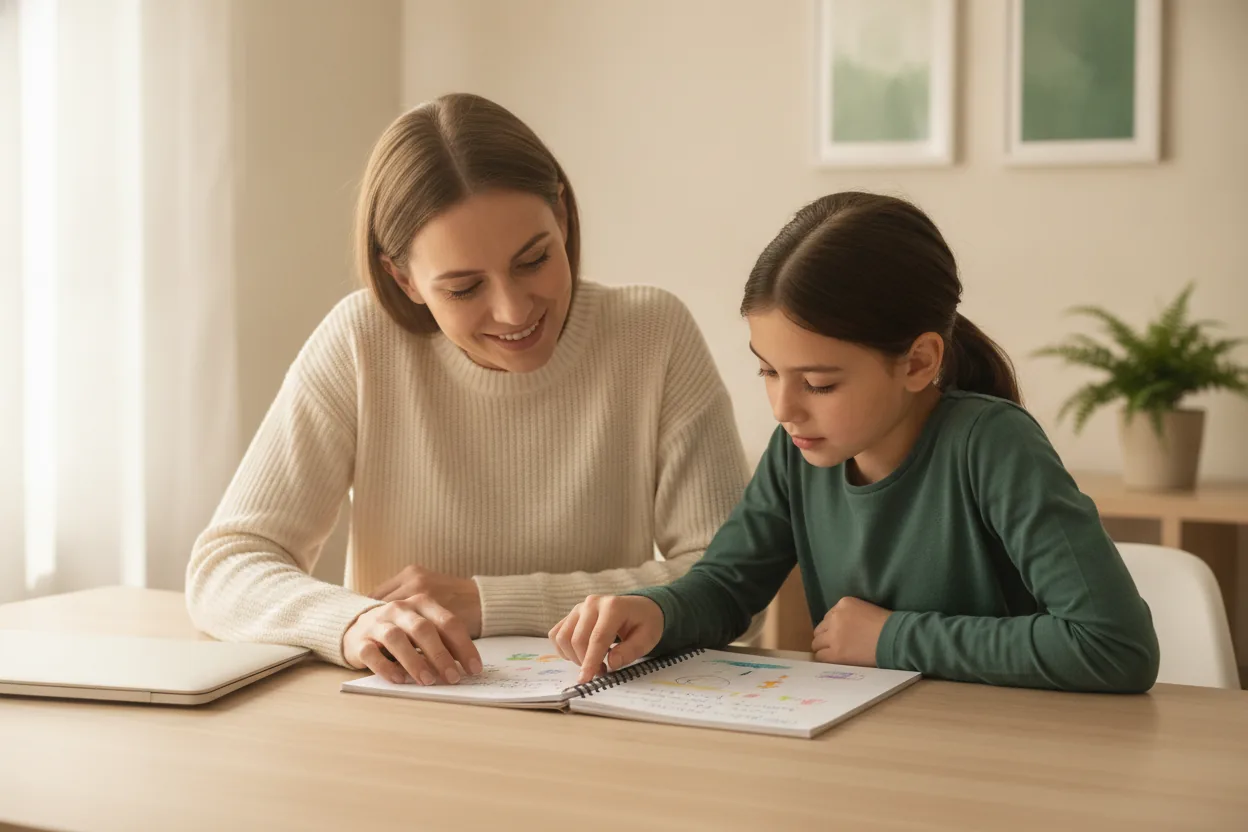 A parent and child looking through a notebook together.